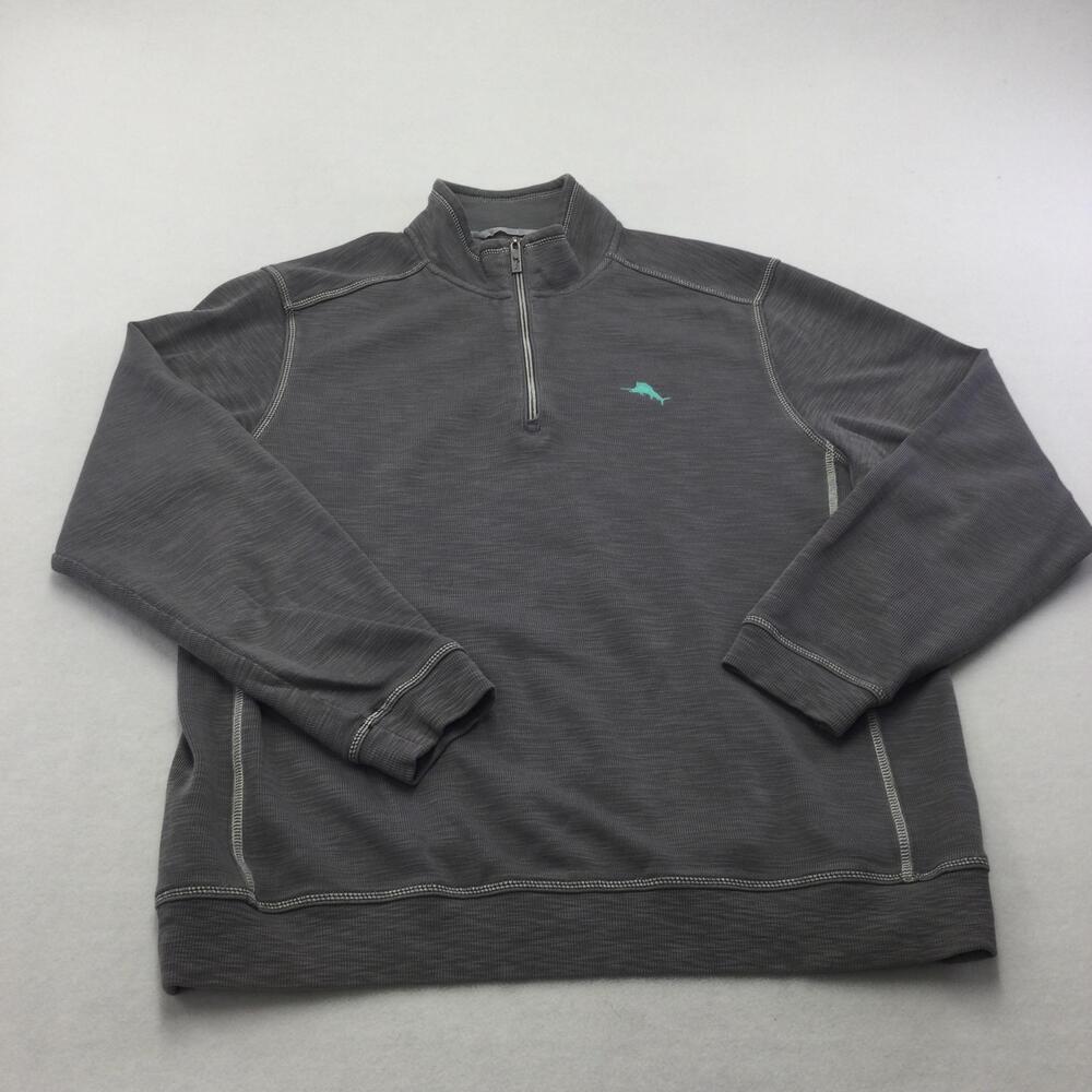 Tommy Bahama Sweatshirt Mens Large Gray 1/4 Zip Mock Neck Marlin Logo Pockets